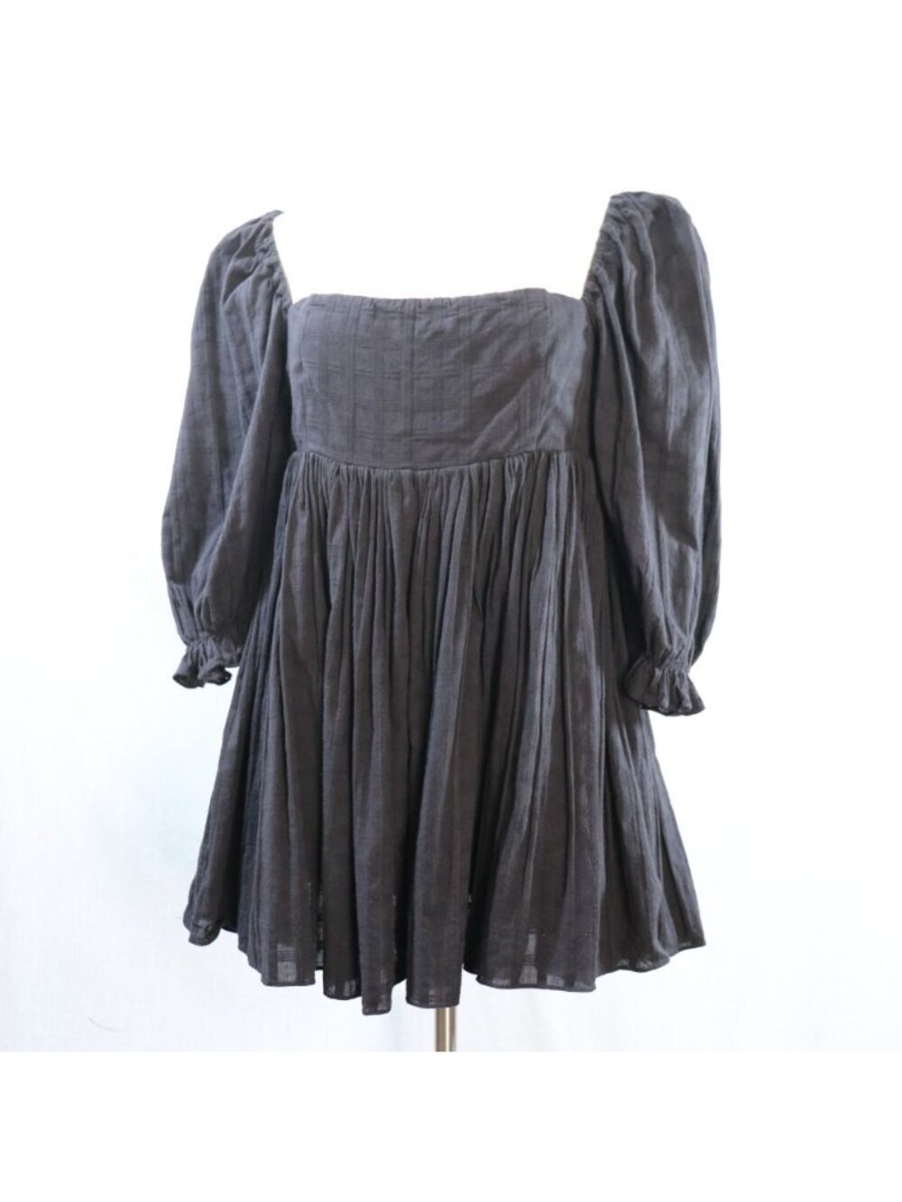Mable Black Babydoll Mini Dress L Square Neck Puff Sleeve Woven Textured Cotton